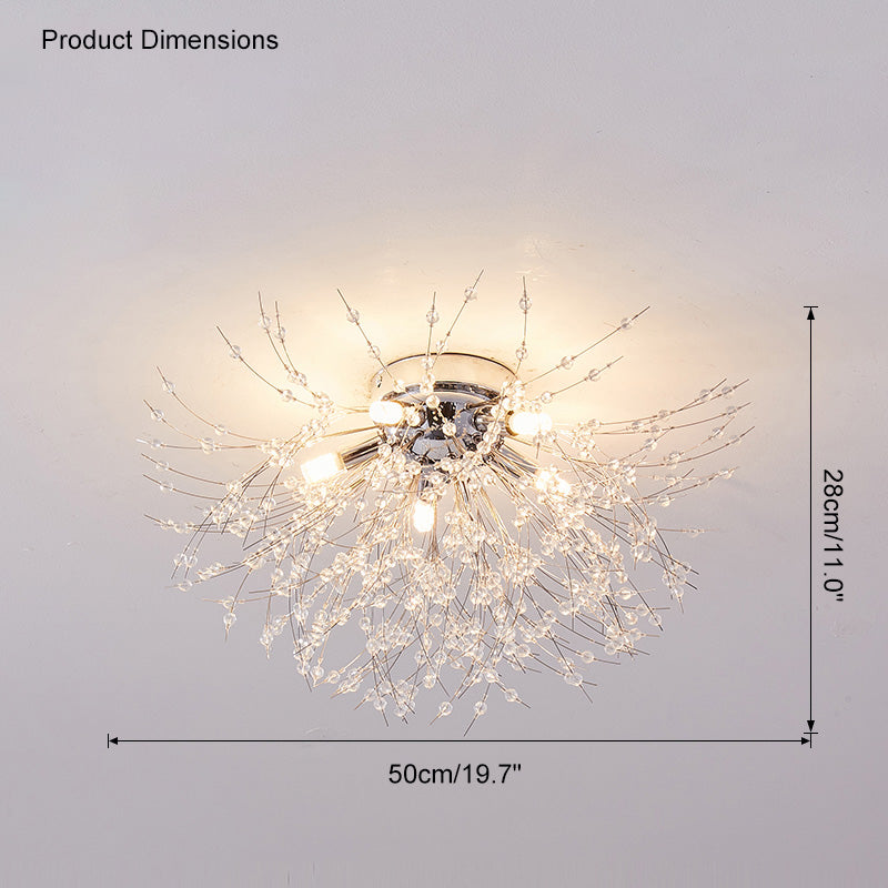 Flush Mount Ceiling Light with Crystal Dandelion Design – 16 in Gold & Silver Fixture for Bedroom, Hallway, Bathroom