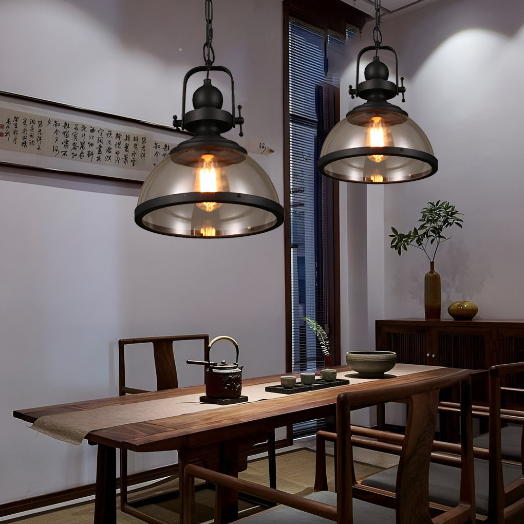 Glass Bowl Pendant Light Industrial Retro Style Hanging Ceiling Fixture Iron Frame E27 Socket for Dining Room Kitchen Island Living Room