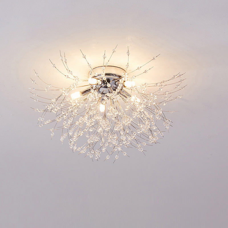 Flush Mount Ceiling Light with Crystal Dandelion Design – 16 in Gold & Silver Fixture for Bedroom, Hallway, Bathroom