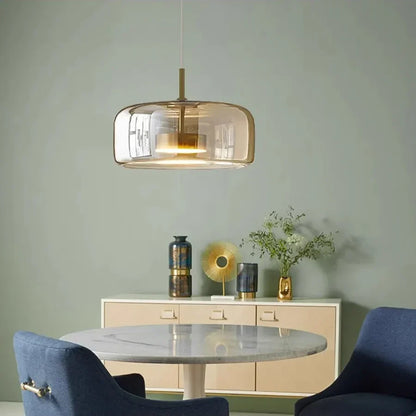 Glass Drop Ceiling Fixture 40 in Adjustable Height Cognac Smoke Gray Over Island Dining Table Modern Nordic Minimalist Hanging Lamp Bedroom