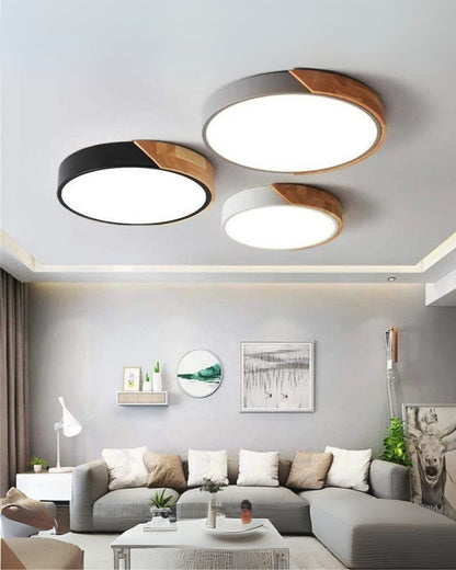 Round Flush Mount Ceiling Light with Wood Accent and Integrated LED – Modern Low Profile Fixture in 9, 12, 16, 20, and 24 inch Sizes for Liv