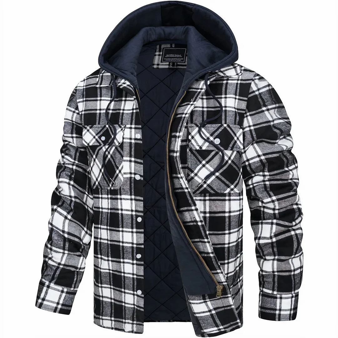 Quilted Plaid Flannel Shirt Jacket with Removable Hood for Men – Warm Cotton Blend Overshirt for Fall Winter
