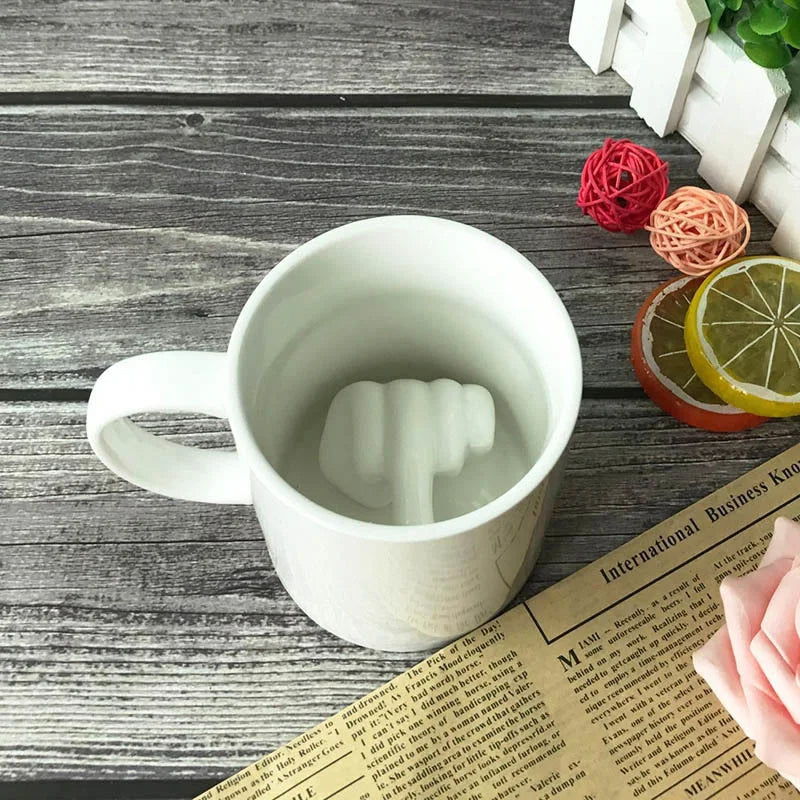 Novelty Coffee Mug with Raised Finger Handle White Ceramic 12 oz for Home Office Kitchen