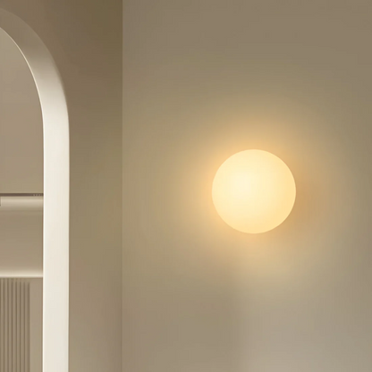 Glass Wall Sconce with Warm LED Light – Round Modern Minimalist Globe Fixture for Bedroom, Living Room, Kitchen & Hallway Lighting