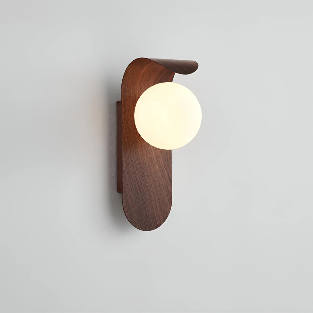 Modern LED Wall Sconce with Curved Wood Arm & Frosted Globe – Warm White Light for Bedroom, Living Room & Hallway – Natural or Walnut Finish