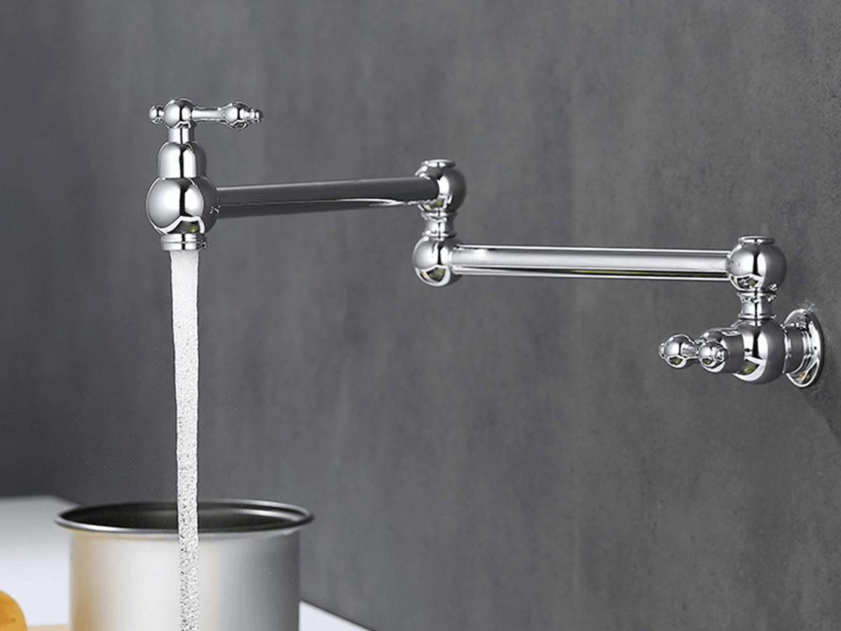 Wall-Mount Dual-Handle Kitchen Faucet for Pots – Brass Construction with Hot & Cold Lines – Chrome, Brushed Nickel, Black & Antique Brass Fi