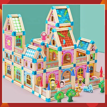 Wooden Modular Dollhouse Construction Set – Creative Building Activity for Kids Age 2+ with Architectural Pieces, Doors & Windows