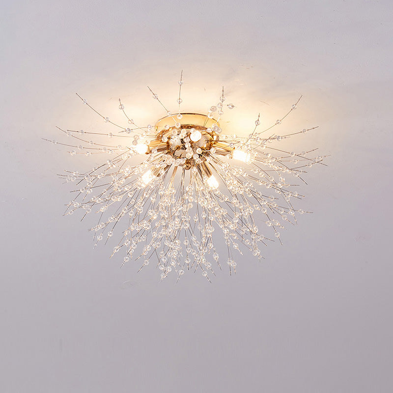 Flush Mount Ceiling Light with Crystal Dandelion Design – 16 in Gold & Silver Fixture for Bedroom, Hallway, Bathroom