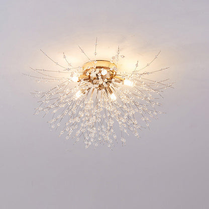 Flush Mount Ceiling Light with Crystal Dandelion Design – 16 in Gold & Silver Fixture for Bedroom, Hallway, Bathroom