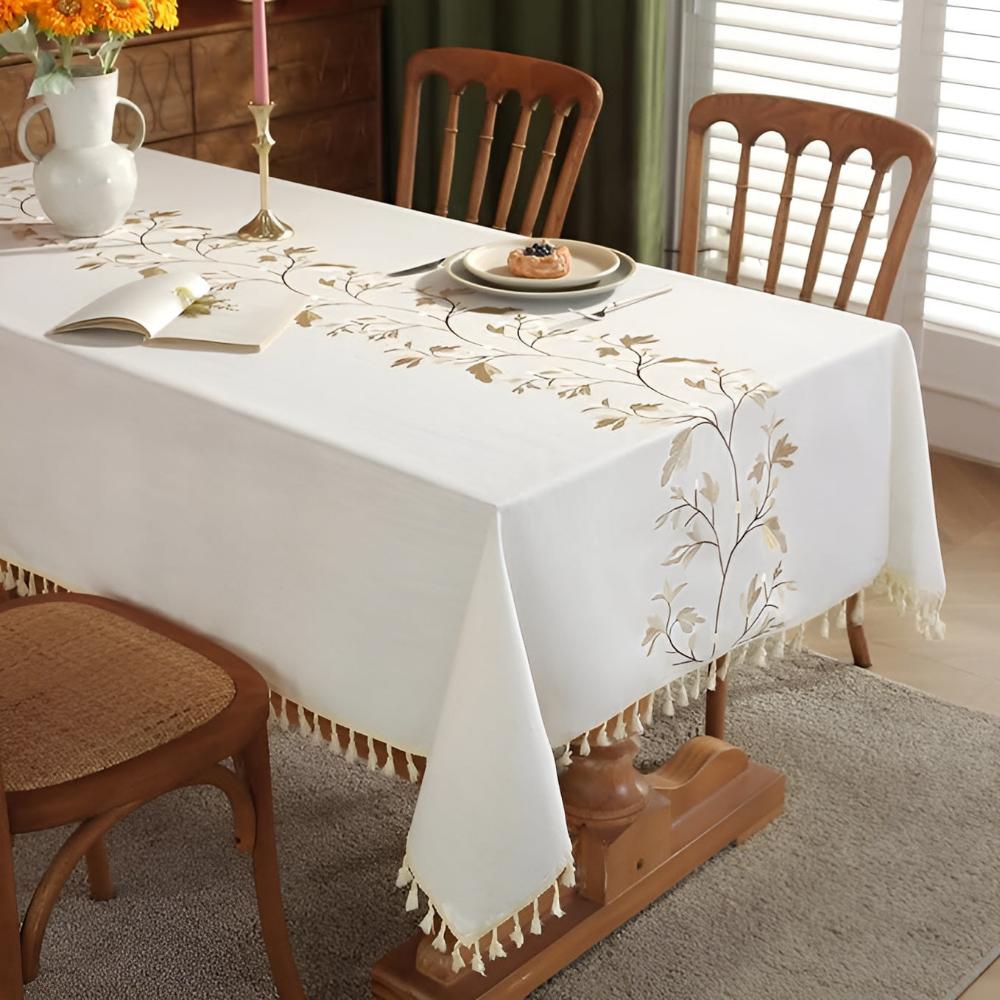 Pinegrove Tablecloth - Cotton-Linen Blend, Embroidered Floral Design
