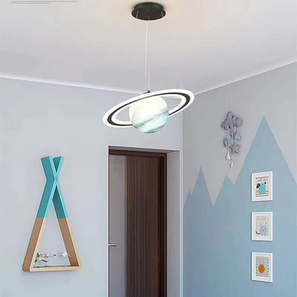 Hanging Space-Themed Fixture for Kids' Rooms Blue Acrylic Spherical Ceiling Lamp with LED Ring Light for Nursery Playroom Bedroom Decor Susp