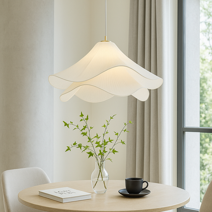 Layered Fabric Hanging Lamp 24 Inch Floral Ceiling Light for Dining Room Living Room Kitchen Modern Minimalist Adjustable Drop Fixture Neutr