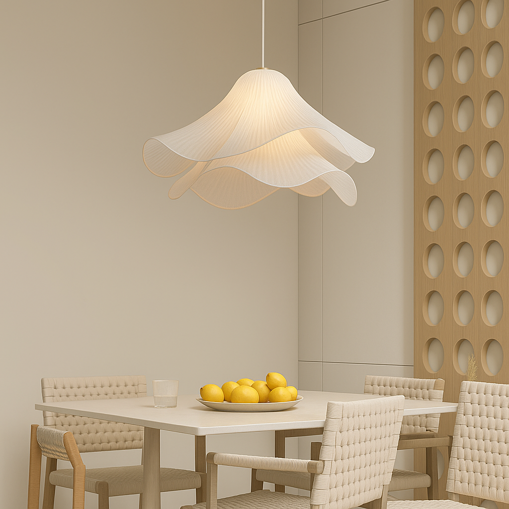 Layered Fabric Hanging Lamp 24 Inch Floral Ceiling Light for Dining Room Living Room Kitchen Modern Minimalist Adjustable Drop Fixture Neutr