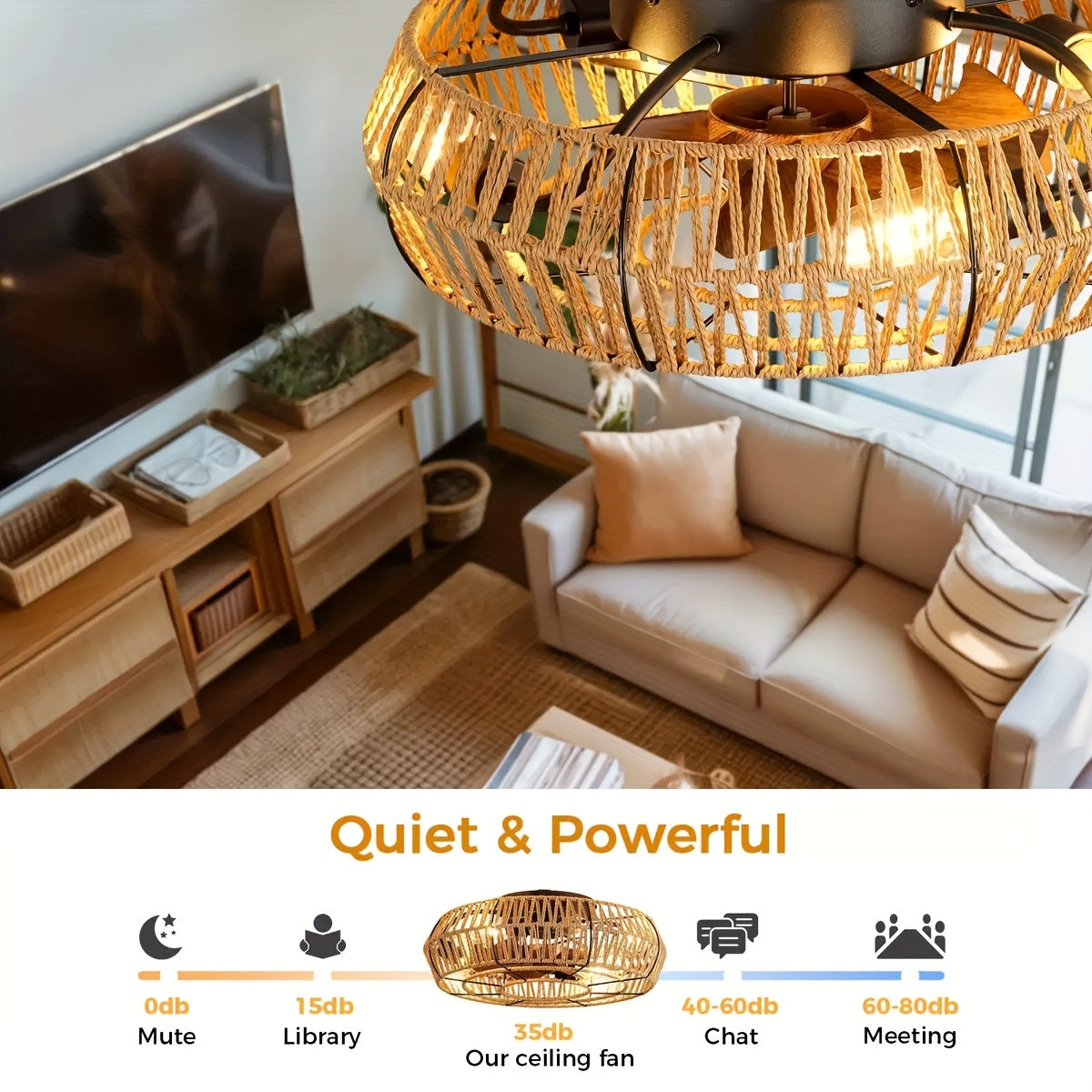 Handwoven Rattan Ceiling Fan with Integrated Light – Zen Style for Living Room, Bedroom & Dining Room