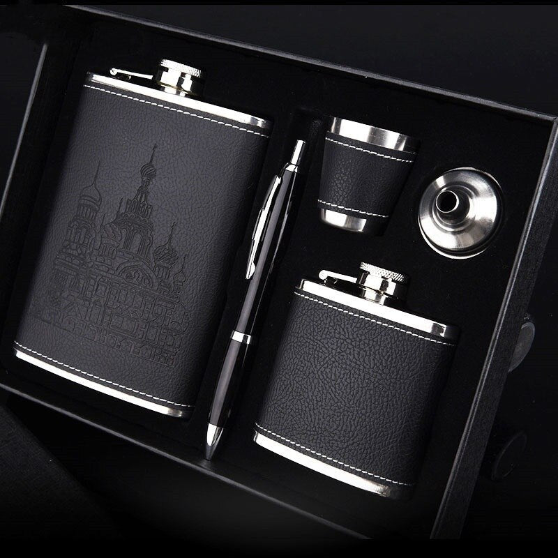 Portable Liquor Flask Gift Set with Faux Leather Sleeve for Bourbon, Vodka & Spirits