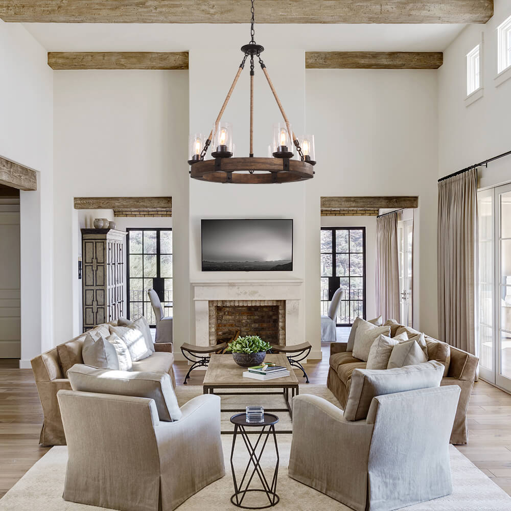 Rustic Circular Chandelier 6-Bulb Hemp Rope Pendant Brown Wood Ring Seeded Glass Shades Farmhouse Dining Room Entryway Hardwired Ceiling