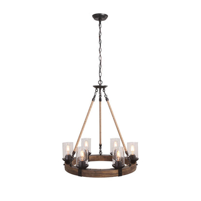 Rustic Circular Chandelier 6-Bulb Hemp Rope Pendant Brown Wood Ring Seeded Glass Shades Farmhouse Dining Room Entryway Hardwired Ceiling