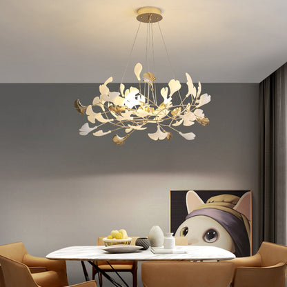 Ceramic Leaf Cluster Pendant Light with Adjustable Cord – Gold Metal Frame Multi-Bulb Chandelier for Dining Room, Living Room & Bedroom