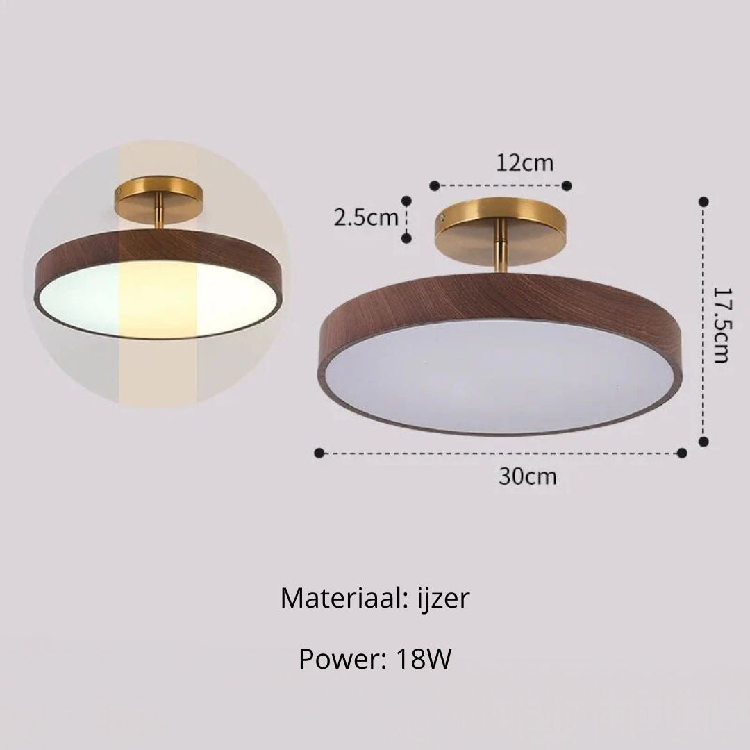 Flush Mount Ceiling Light with Wood Grain Finish & Gold Frame – Modern Scandinavian Design for Living Room, Bedroom & Dining Room