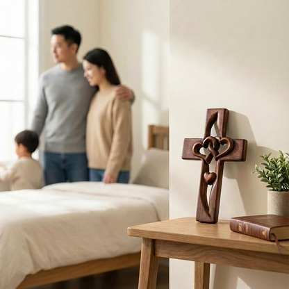 Wooden Cross Wall Art with Dual Hearts for Living Room Bedroom Entryway Faith Decor Handcrafted Religious Symbol