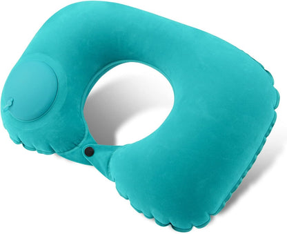 Inflatable Neck Travel Pillow with Built-In Hand Pump for Airplane, Car & Train Trips | Waterproof Ergonomic Support | Compact Portable Desi
