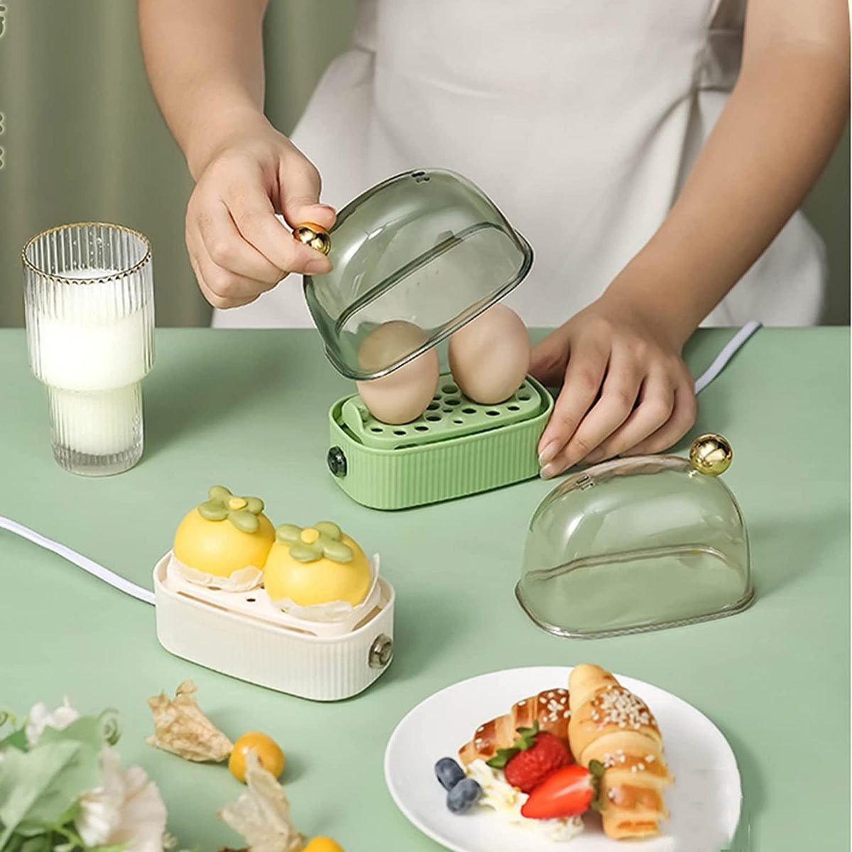 Electric Egg Cooker - Automatic 2-Egg Steamer with Auto Shutoff for Soft, Medium & Hard Boiled Eggs, Poached Eggs & Vegetables