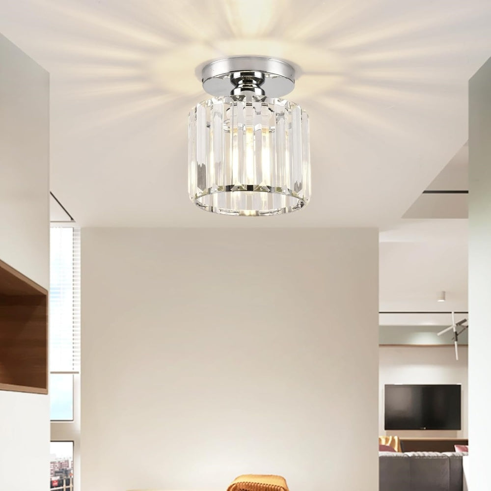 Decorative Flush Mount Light Fixture with Glass Cube and Metal Accents E27 Socket for Entryway Bedroom Small Room Ambient Overhead Lighting