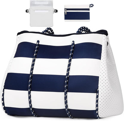 Neoprene Beach Bag with Inner Zipper Pocket, Large Beach Tote Bag with Purse, Machine Washable Travel Tote Bag