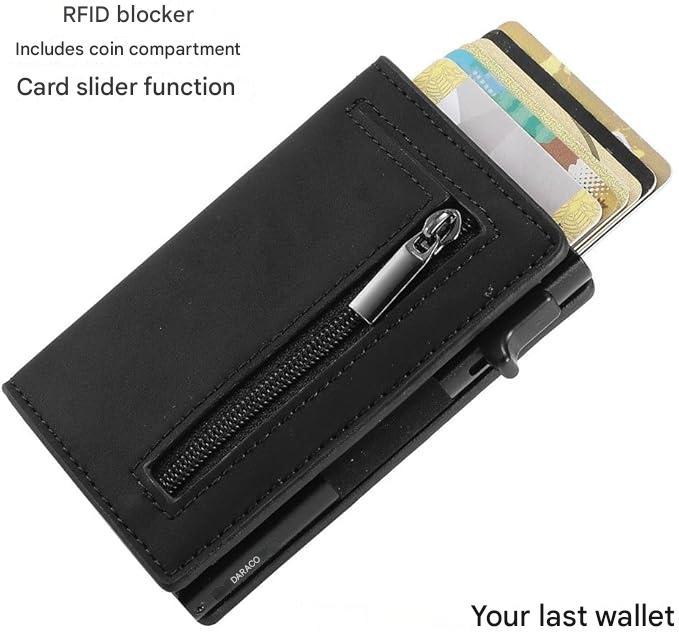 RFID-Blocking Slim Wallet with Quick-Access Card Slide for Men & Women, Genuine Leather & Aluminum Construction with Coin Pocket