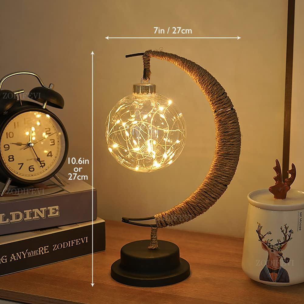 Glass Moon Table Lamp with Warm LED Glow – Battery Operated Crescent Accent Light for Bedroom, Living Room & Nightstand