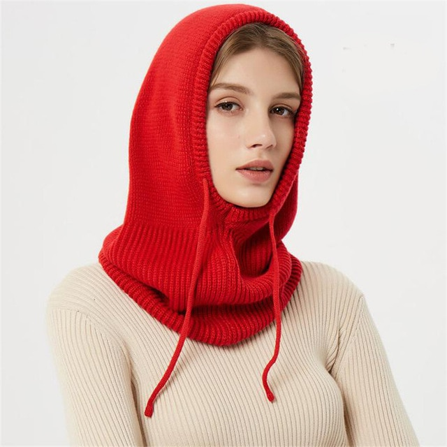Hooded Knit Hat with Drawstring Adjustable Fit Cold Weather Headwear for Women Fall Season Accessory