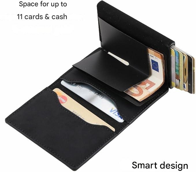 RFID-Blocking Slim Wallet with Quick-Access Card Slide for Men & Women, Genuine Leather & Aluminum Construction with Coin Pocket
