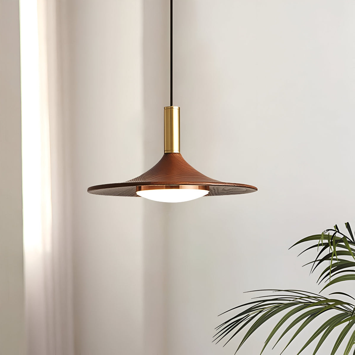 Sculptural Metal Shade Ceiling Fixture with Organic Wood-Tone Accent – 10 in or 14 in Drop Light for Island Counter Bar and Breakfast Nook –