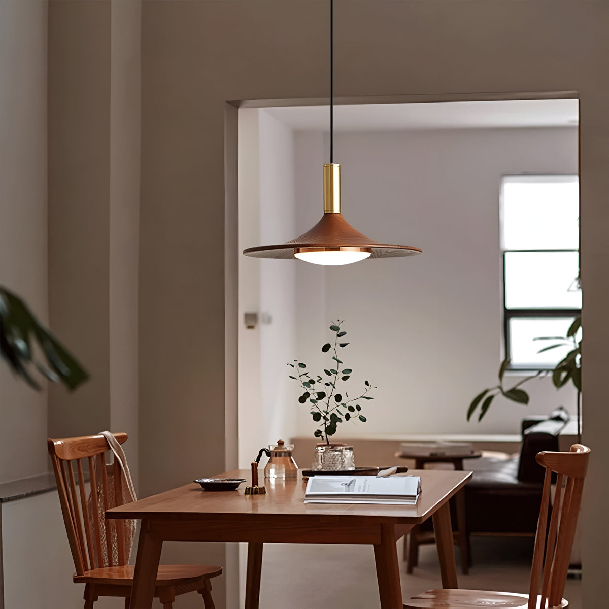 Sculptural Metal Shade Ceiling Fixture with Organic Wood-Tone Accent – 10 in or 14 in Drop Light for Island Counter Bar and Breakfast Nook –