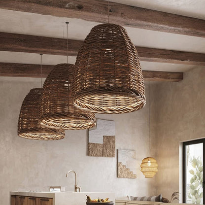 Handwoven Rattan Dome Pendant Light for Dining Room and Bedroom – Natural Brown Finish – E27 Socket – Adjustable Cord Ceiling Fixture