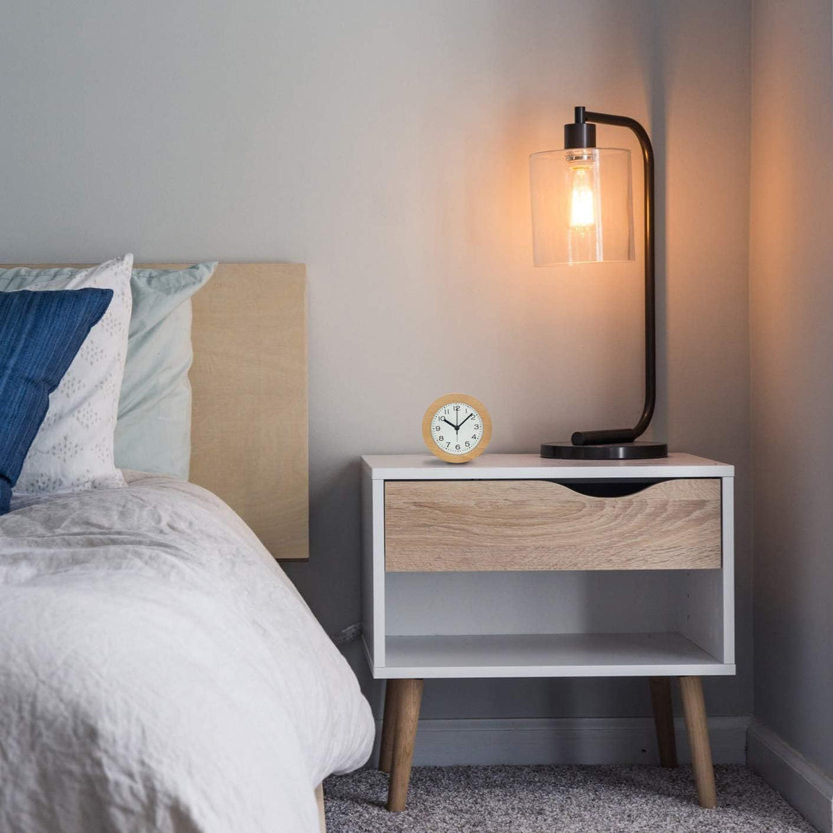 Wooden Alarm Clock with LED Nightlight Silent Non-Ticking Snooze Beechwood Bedside Desk Clock for Bedroom Office Kids