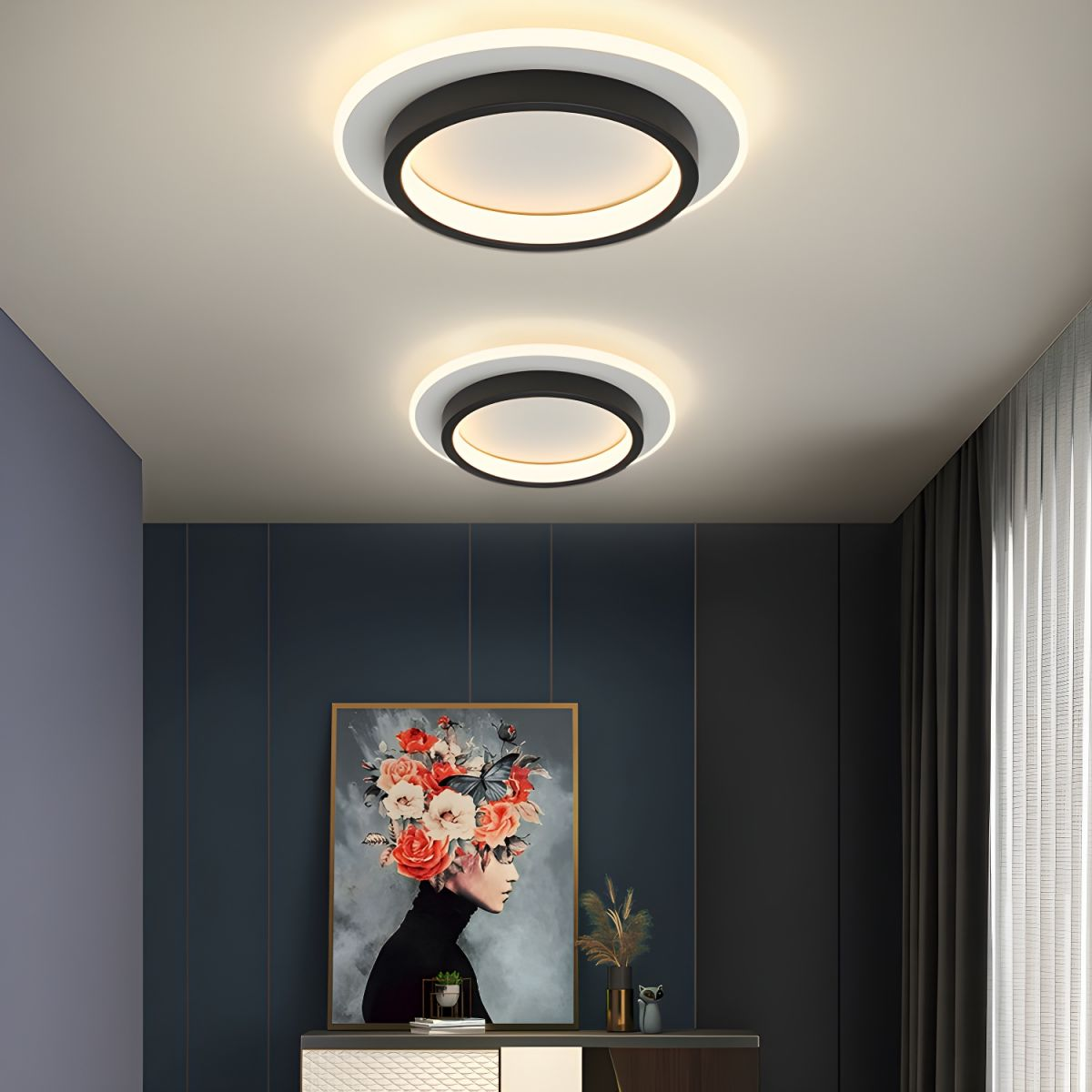 9.4 in Round LED Flush Mount Light with Ring Glow Effect for Hallways Bedrooms Entryways Modern Low-Profile Fixture Aluminum Acrylic
