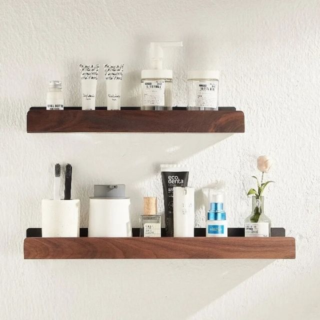 Adhesive Wood Floating Ledge for Bathroom & Kitchen Organization | No-Drill Storage Rack | Space-Saving Holder for Toiletries & Essentials