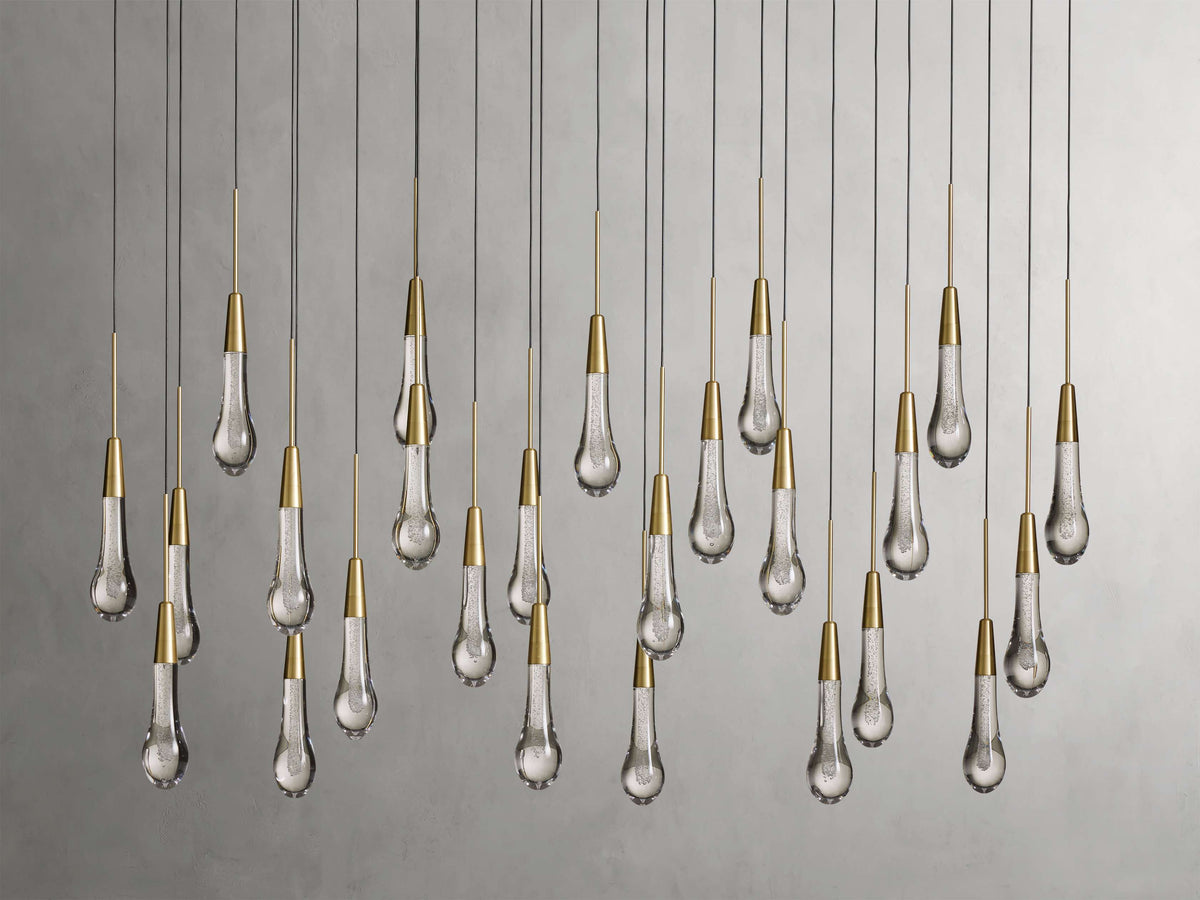 Cascading Raindrop Linear LED Chandelier – Textured Glass Orbs, Adjustable Height, Vaulted Ceiling Ready – 37 to 120 Inch Options for