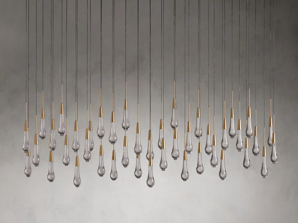 Cascading Raindrop Linear LED Chandelier – Textured Glass Orbs, Adjustable Height, Vaulted Ceiling Ready – 37 to 120 Inch Options for