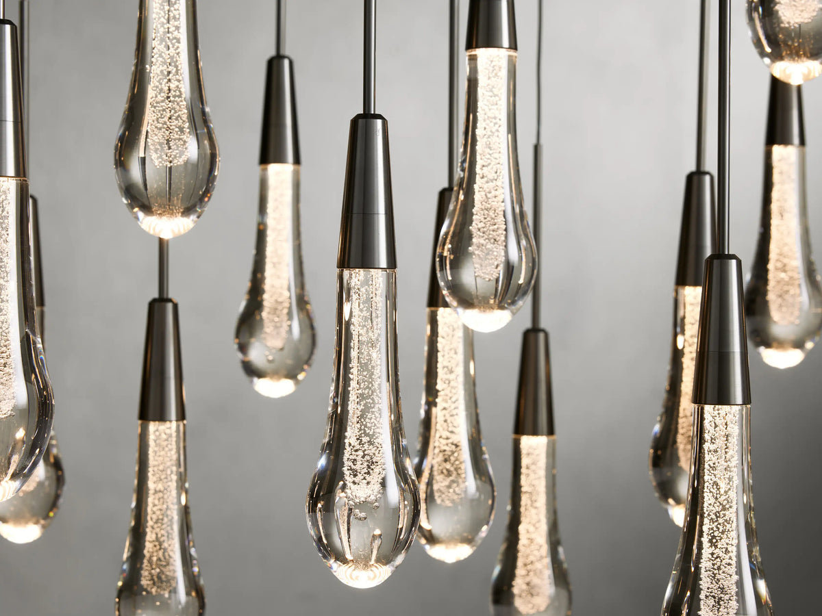 Cascading Raindrop Linear LED Chandelier – Textured Glass Orbs, Adjustable Height, Vaulted Ceiling Ready – 37 to 120 Inch Options for