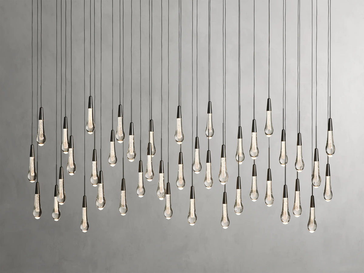 Cascading Raindrop Linear LED Chandelier – Textured Glass Orbs, Adjustable Height, Vaulted Ceiling Ready – 37 to 120 Inch Options for