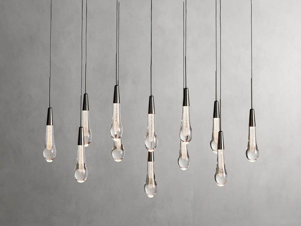Cascading Raindrop Linear LED Chandelier – Textured Glass Orbs, Adjustable Height, Vaulted Ceiling Ready – 37 to 120 Inch Options for