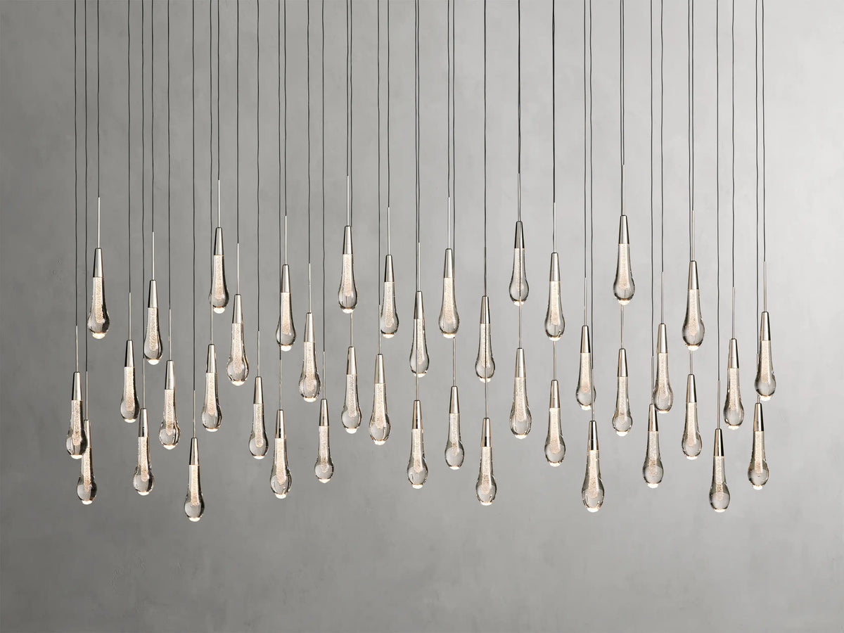 Cascading Raindrop Linear LED Chandelier – Textured Glass Orbs, Adjustable Height, Vaulted Ceiling Ready – 37 to 120 Inch Options for
