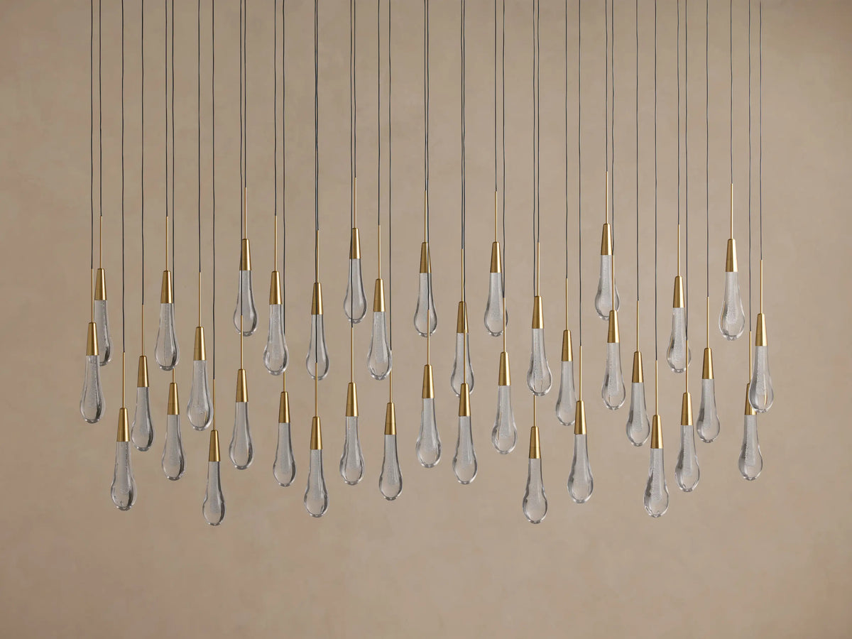 Linear LED Chandelier with Textured Glass Drops – Adjustable Height – Brass Bronze Nickel – 37 to 120 Inch – Dining Room Kitchen Island