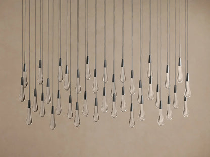 Cascading Raindrop Linear LED Chandelier – Textured Glass Orbs, Adjustable Height, Vaulted Ceiling Ready – 37 to 120 Inch Options for