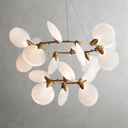 Double-Ring Glass Disc Chandelier with 18 LED Lights – Handblown Art Glass Ceiling Fixture for Dining Room Living Room – Adjustable Drop