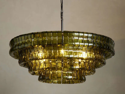 Textured Glass Round Chandelier with Curved Panels in Metallic Finish for Dining Room & Living Room | 24 to 60 Inch