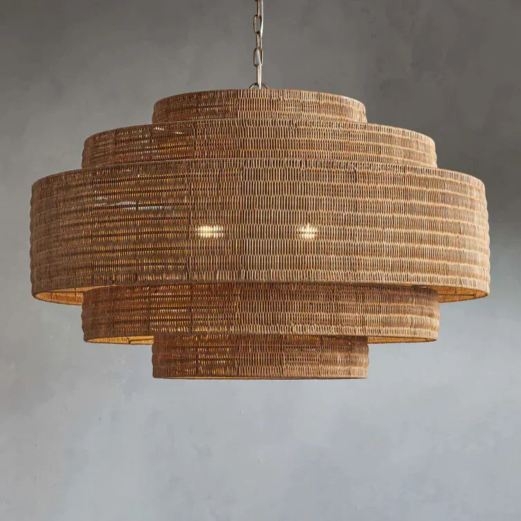 Woven Rattan Ceiling Chandelier with Layered Dome Shade – 28 or 40 Inch Natural Boho Pendant Light for Dining Room, Bedroom, Living Room