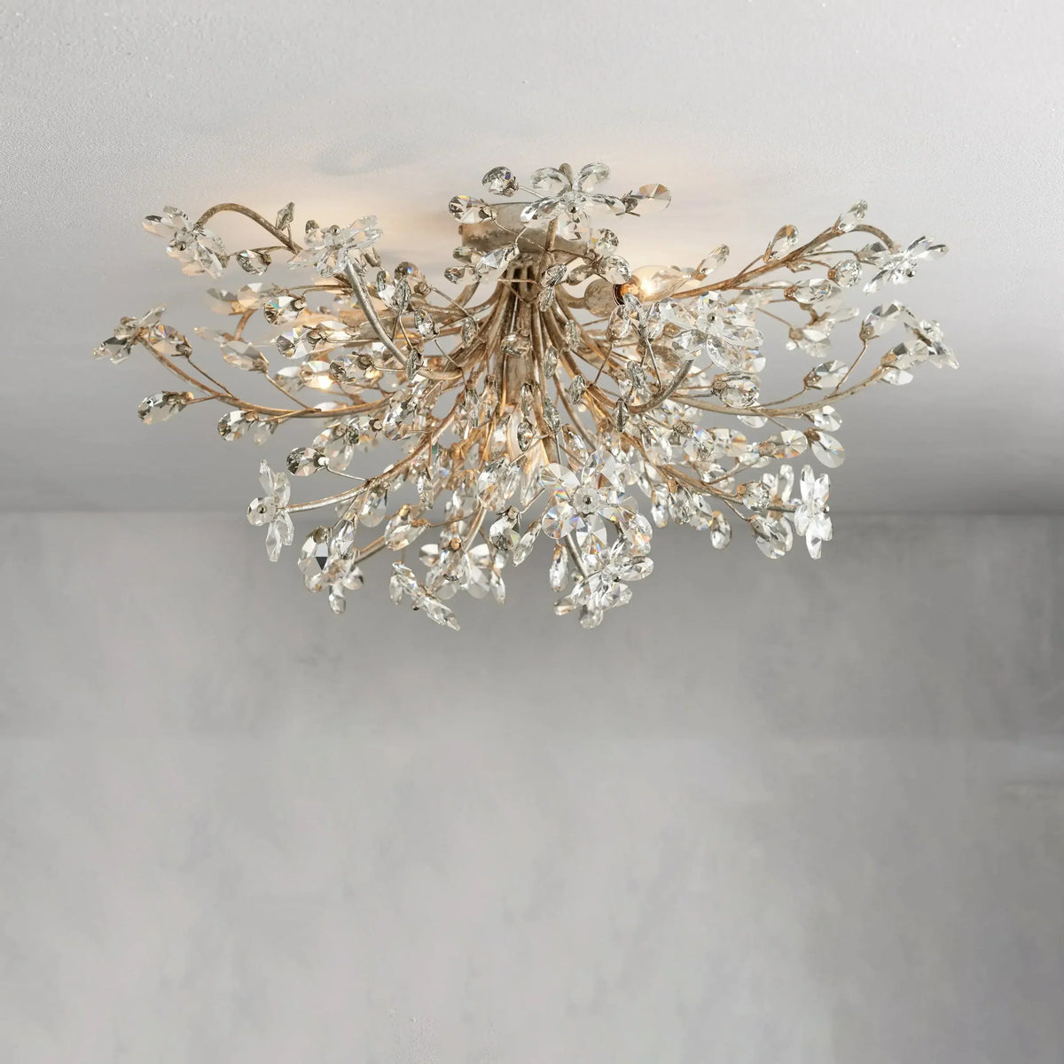 Crystal Flower Ceiling Light Fixture 27.5 inch Flush Mount Iron Frame Handcrafted Floral Design Ambient Lighting for Living Room Bedroom